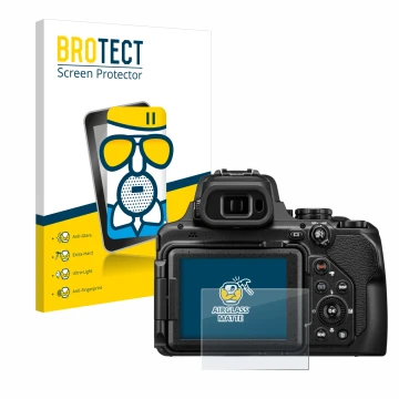 Front side of a product packaging with the brand logo BROTECT. Next to it is the device Nikon Coolpix P1100 shown with the cor