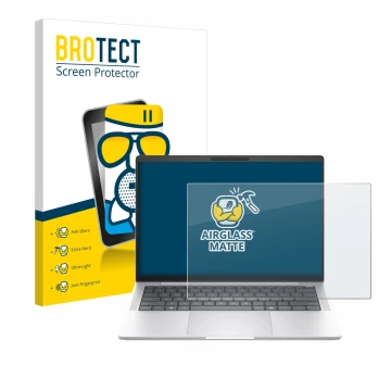 Front side of a product packaging with the brand logo BROTECT. Next to it is the device HP EliteBook 1040 G11 shown with the c