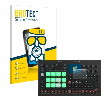 Front side of a product packaging with the brand logo BROTECT. Next to it is the device Elektron Analog Rytm MKII shown with t