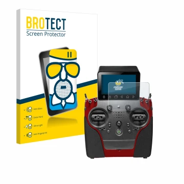 Front side of a product packaging with the brand logo BROTECT. Next to it is the device PowerBox Systems Atom shown with the c