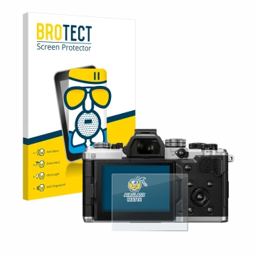 Front side of a product packaging with the brand logo BROTECT. Next to it is the device OM System OM-3 shown with the correspo