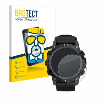 Front side of a product packaging with the brand logo BROTECT. Next to it is the device Garmin Descent G2 shown with the corre