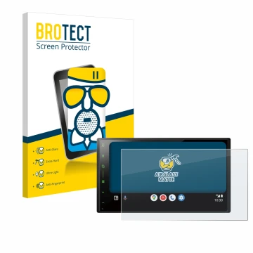 Front side of a product packaging with the brand logo BROTECT. Next to it is the device Pioneer SPH-DA77DAB shown with the cor