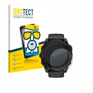 Front side of a product packaging with the brand logo BROTECT. Next to it is the device Garmin Tactix 8 Solar (51 mm) shown wi