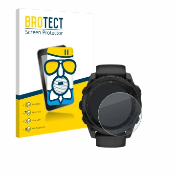 Front side of a product packaging with the brand logo BROTECT. Next to it is the device Garmin Tactix 8 AMOLED (51 mm) shown w