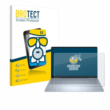 Front side of a product packaging with the brand logo BROTECT. Next to it is the device Dell 16 Plus-2-in-1 shown with the cor