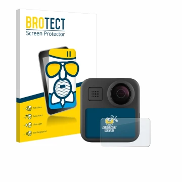 Front side of a product packaging with the brand logo BROTECT. Next to it is the device GoPro Max (2025) shown with the corres