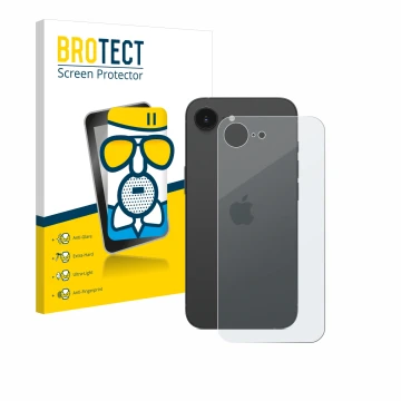 Front side of a product packaging with the brand logo BROTECT. Next to it is the device Apple iPhone 16e (Back) shown with the