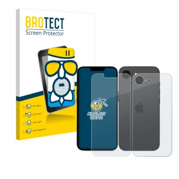 Front side of a product packaging with the brand logo BROTECT. Next to it is the device Apple iPhone 16e (Front+Back) shown wi