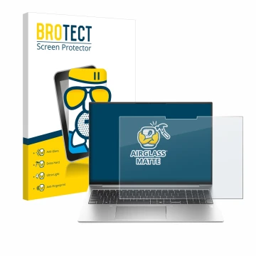 Front side of a product packaging with the brand logo BROTECT. Next to it is the device HP EliteBook 835 G11 shown with the co