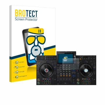 Front side of a product packaging with the brand logo BROTECT. Next to it is the device Pioneer XDJ-AZ shown with the correspo