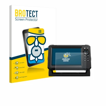 Front side of a product packaging with the brand logo BROTECT. Next to it is the device Lowrance Eagle 7 shown with the corres