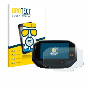 Front side of a product packaging with the brand logo BROTECT. Next to it is the device Kawasaki Versys 650 2022+ shown with t