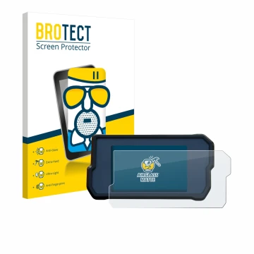 Front side of a product packaging with the brand logo BROTECT. Next to it is the device KTM RC125 / RC390 2022+ shown with the