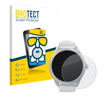 Front side of a product packaging with the brand logo BROTECT. Next to it is the device Hama Smartwatch 5010 shown with the co