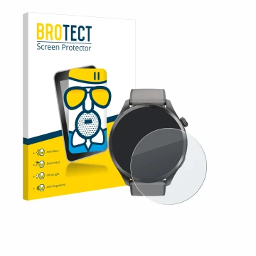 Front side of a product packaging with the brand logo BROTECT. Next to it is the device Hama Smartwatch 9000 shown with the co