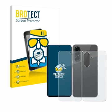 Front side of a product packaging with the brand logo BROTECT. Next to it is the device Samsung Galaxy A56 5G (Front+Back) sho