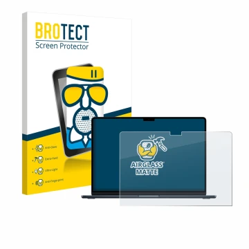 Front side of a product packaging with the brand logo BROTECT. Next to it is the device Apple MacBook Air 15