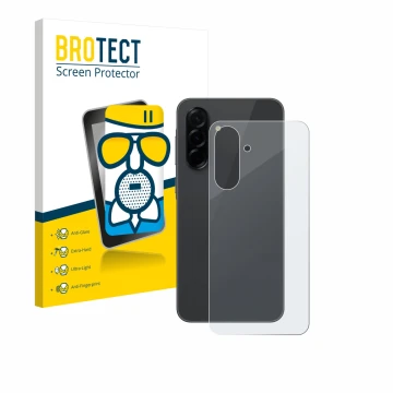 Front side of a product packaging with the brand logo BROTECT. Next to it is the device Samsung Galaxy A36 5G (Back) shown wit