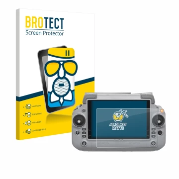 Front side of a product packaging with the brand logo BROTECT. Next to it is the device DJI RC Plus 2 shown with the correspon