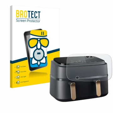 Front side of a product packaging with the brand logo BROTECT. Next to it is the device Philips Airfryer NA352/00 shown with t