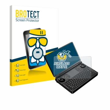 Front side of a product packaging with the brand logo BROTECT. Next to it is the device GPD Win Mini (2025) shown with the cor
