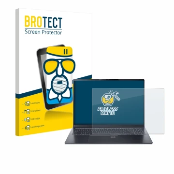 Front side of a product packaging with the brand logo BROTECT. Next to it is the device Acer Swift Go 16 AI shown with the cor