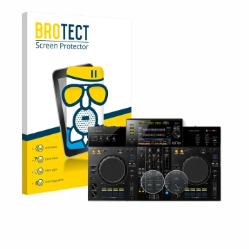 Front side of a product packaging with the brand logo BROTECT. Next to it is the device Pioneer XDJ -RR (Jog) shown with the c