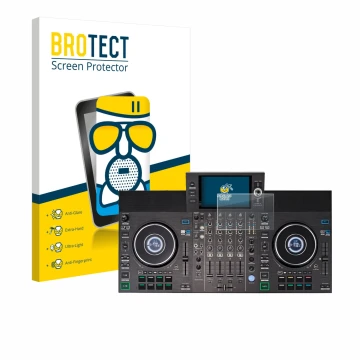 Front side of a product packaging with the brand logo BROTECT. Next to it is the device Denon DJ SC LIVE 4 (Jog) shown with th