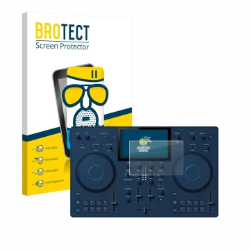 Front side of a product packaging with the brand logo BROTECT. Next to it is the device AlphaTheta OMNIS-Duo (Jog) shown with 