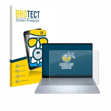 Front side of a product packaging with the brand logo BROTECT. Next to it is the device Dell 14 Plus 2-in-1 shown with the cor