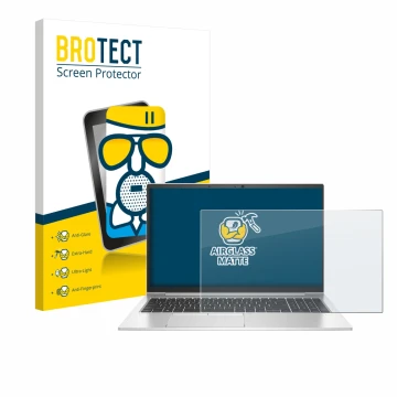 Front side of a product packaging with the brand logo BROTECT. Next to it is the device HP EliteBook 855 G8 shown with the cor