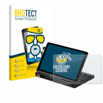 Front side of a product packaging with the brand logo BROTECT. Next to it is the device GPD Pocket 4 shown with the correspond