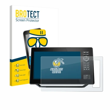 Front side of a product packaging with the brand logo BROTECT. Next to it is the device Humminbird Xplore 10 shown with the co