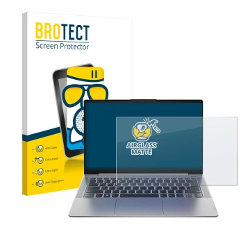 Front side of a product packaging with the brand logo BROTECT. Next to it is the device Lenovo IdeaPad 5 14ALC05 shown with th