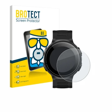 Front side of a product packaging with the brand logo BROTECT. Next to it is the device Kiprun GPS 500 Coros shown with the co