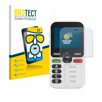 Front side of a product packaging with the brand logo BROTECT. Next to it is the device Doro Leva X10 shown with the correspon