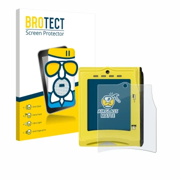 Front side of a product packaging with the brand logo BROTECT. Next to it is the device Nayax VPOS TOUCH shown with the corres