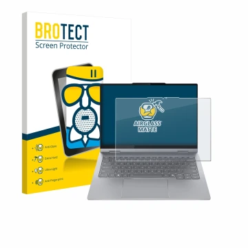 Front side of a product packaging with the brand logo BROTECT. Next to it is the device Lenovo ThinkBook 14 2-in-1 Gen 5 shown