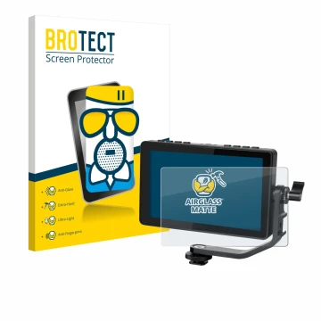 Front side of a product packaging with the brand logo BROTECT. Next to it is the device Feelworld F5 PROX 5,5