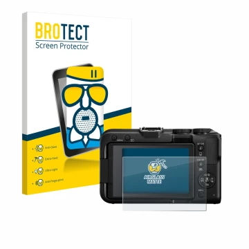 Front side of a product packaging with the brand logo BROTECT. Next to it is the device Canon EOS R50 V shown with the corresp