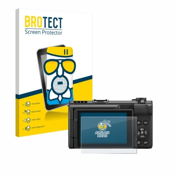 Front side of a product packaging with the brand logo BROTECT. Next to it is the device Canon PowerShot V1 shown with the corr