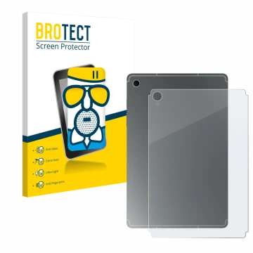 Front side of a product packaging with the brand logo BROTECT. Next to it is the device Samsung Galaxy Tab S10 FE (Back) shown