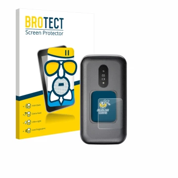 Front side of a product packaging with the brand logo BROTECT. Next to it is the device Doro 2880 (Outer display) shown with t