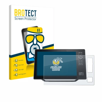 Front side of a product packaging with the brand logo BROTECT. Next to it is the device Humminbird Xplore 12 shown with the co