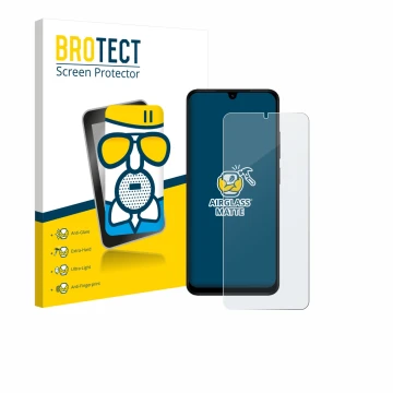 Front side of a product packaging with the brand logo BROTECT. Next to it is the device Xiaomi Redmi A5 shown with the corresp