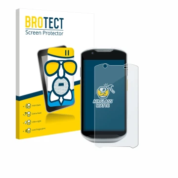 Front side of a product packaging with the brand logo BROTECT. Next to it is the device Zebra TC52x-HC shown with the correspo