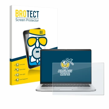 Front side of a product packaging with the brand logo BROTECT. Next to it is the device Dell Pro 14 Plus PB14250 shown with th