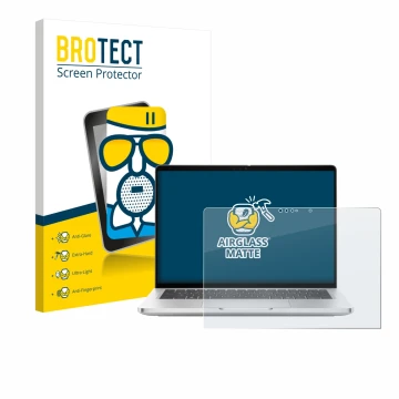 Front side of a product packaging with the brand logo BROTECT. Next to it is the device Dell Pro 13 Plus 2-in-1 shown with the