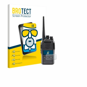 Front side of a product packaging with the brand logo BROTECT. Next to it is the device Midland G18 Pro PMR shown with the cor